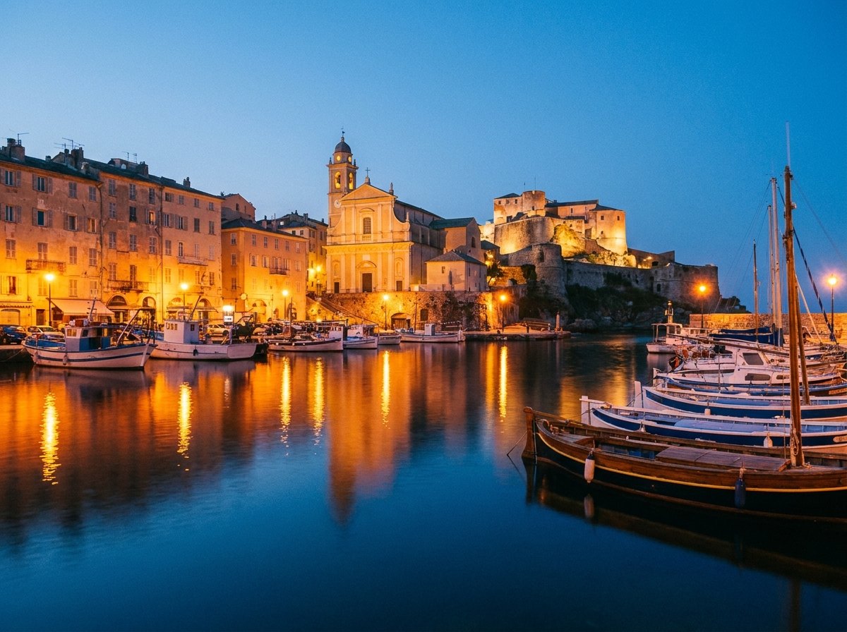 Bastia et son port au crepuscule, lumieres allumees